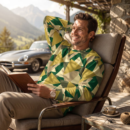 Good Wishes 365 men's recycled sweatshirt with a modern geometric camo print in olive, green, and beige tones.