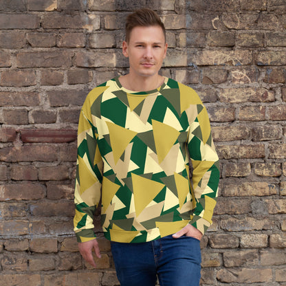 Good Wishes 365 men's recycled sweatshirt with a modern geometric camo print in olive, green, and beige against brick