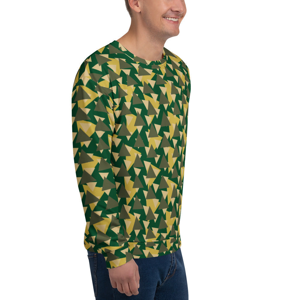 Good Wishes 365 recycled sweatshirt with a geometric camo print in forest green, olive, and yellow on a man.