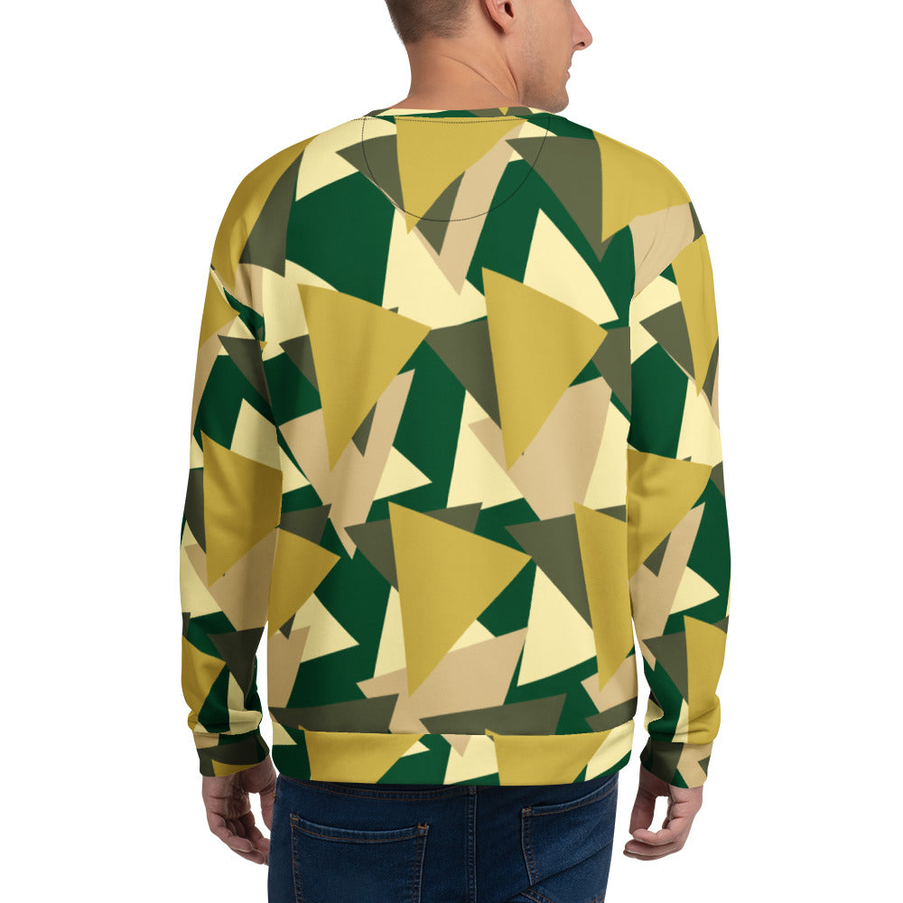 Back view of a Good Wishes 365 recycled sweatshirt featuring an all-over geometric camo print in green and beige.