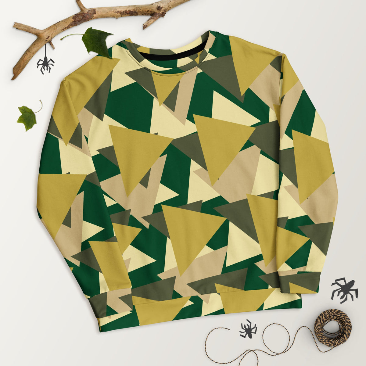 Good Wishes 365 recycled sweatshirt featuring a modern geometric camouflage print in olive, green, and beige tones.
