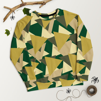 Good Wishes 365 recycled sweatshirt featuring a modern geometric camouflage print in olive, green, and beige tones.