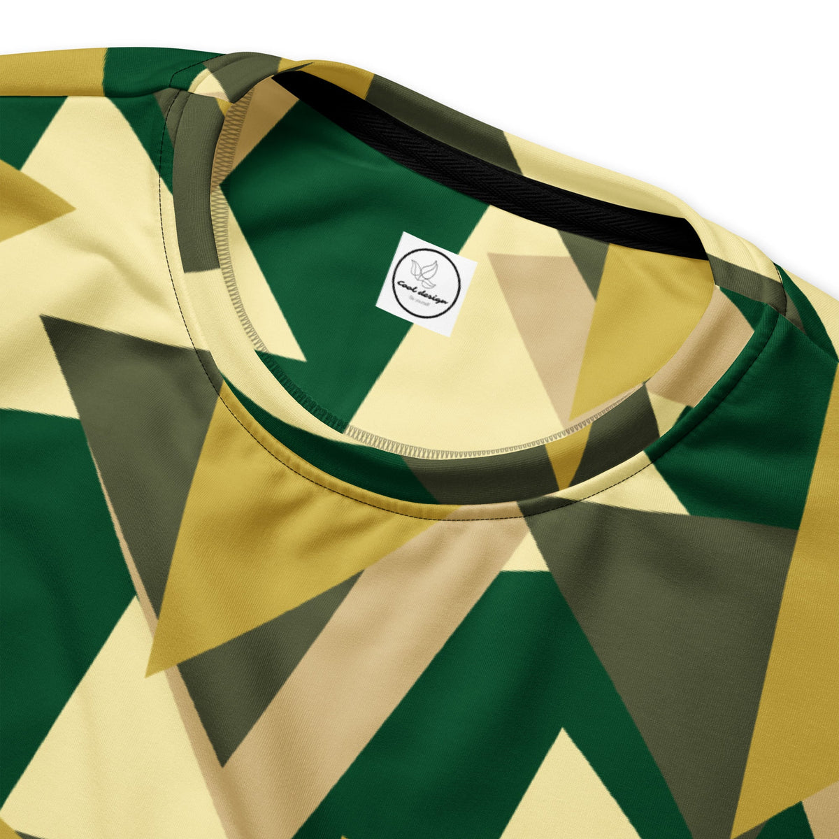 Good Wishes 365 recycled sweatshirt featuring a modern geometric camouflage print in deep green, olive, and beige.