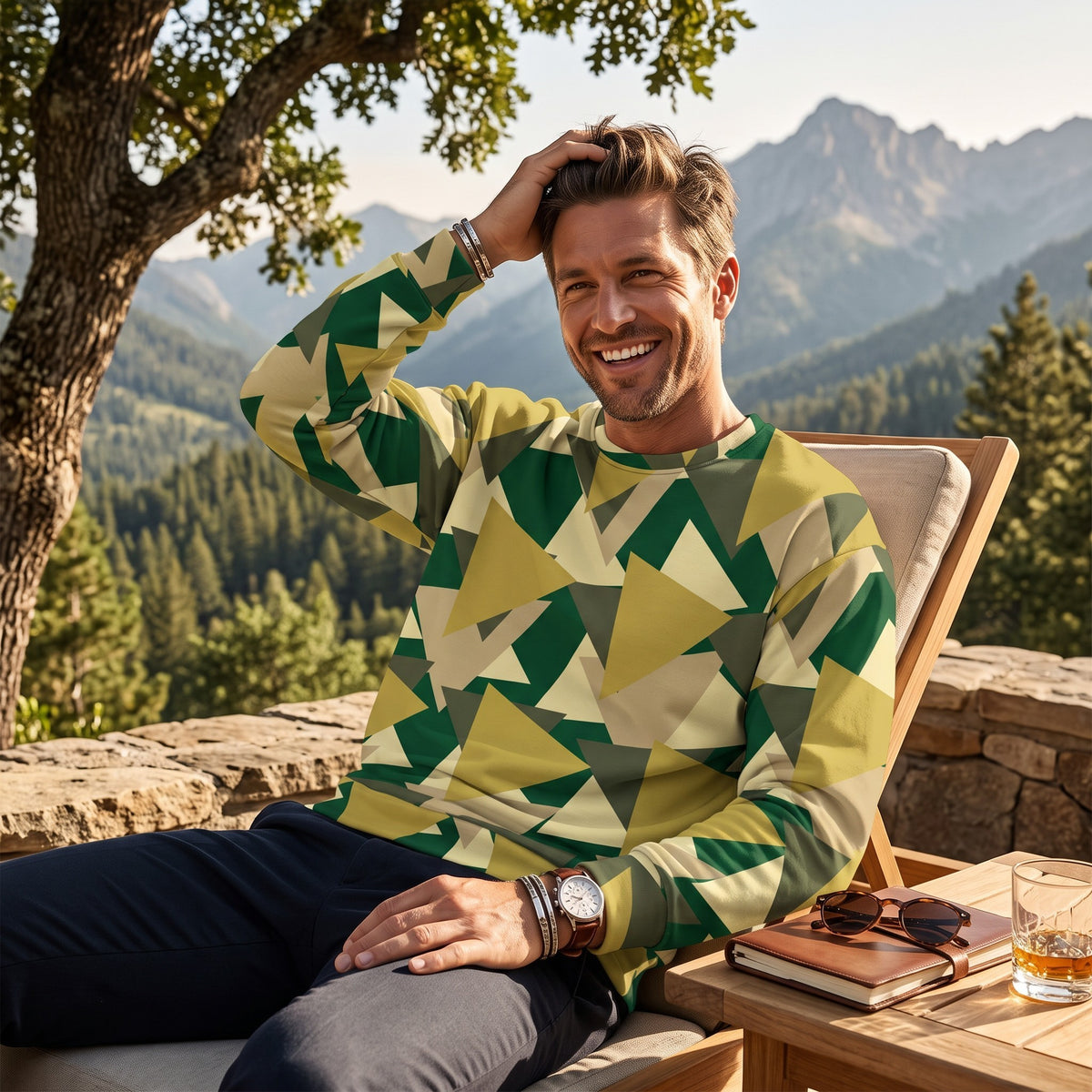 Good Wishes 365 men's recycled sweatshirt with a modern geometric camo print in olive, green, and beige tones.