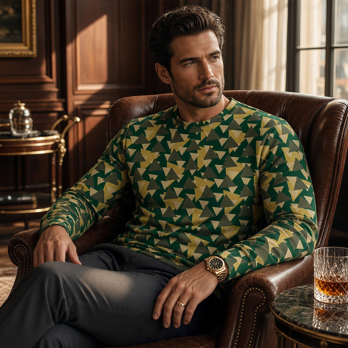 A man wearing a Good Wishes 365 geometric camo print sweatshirt in forest green and yellow, seated in a leather chair.