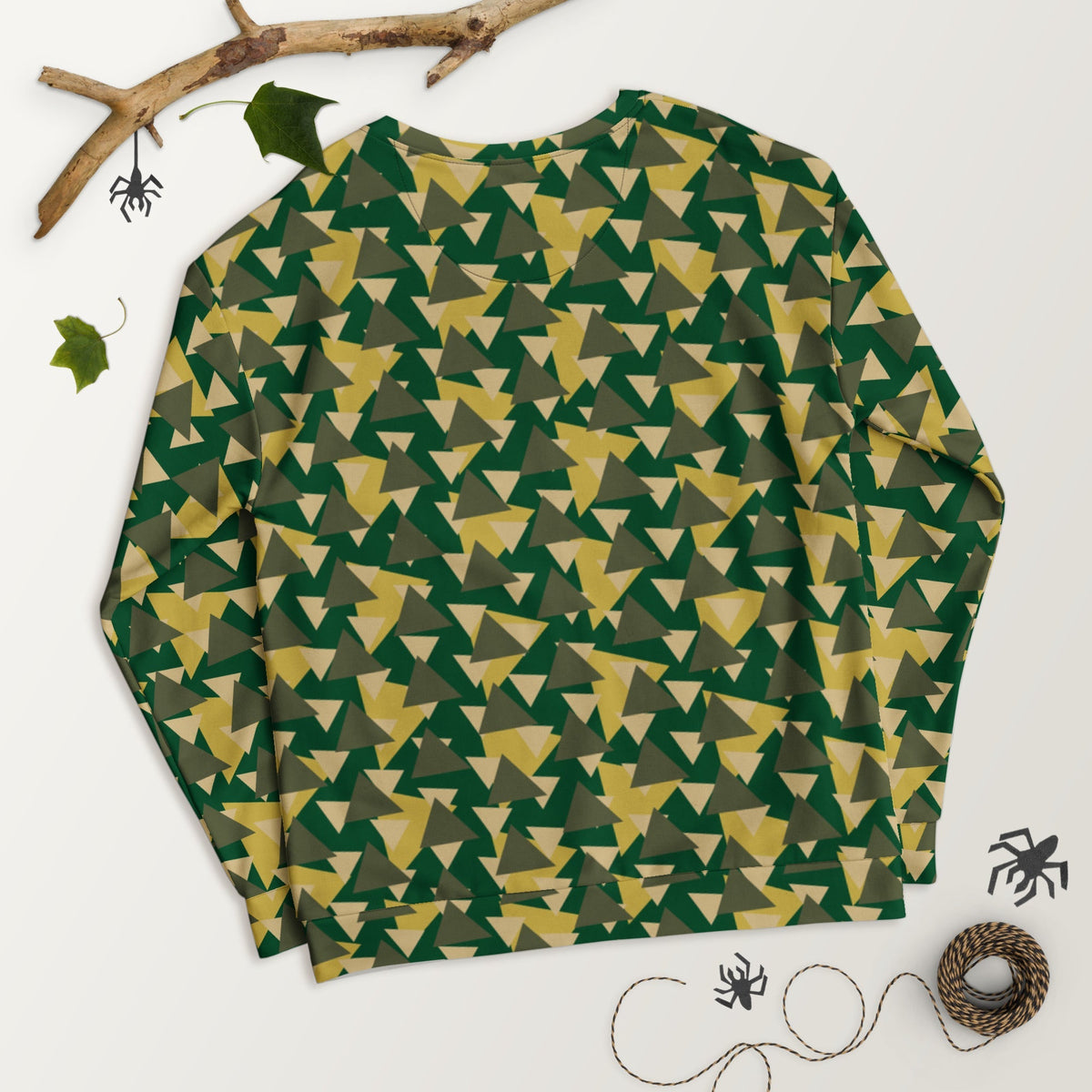 Good Wishes 365 recycled sweatshirt with a green and yellow geometric camo print, featuring ribbed cuffs and hem.
