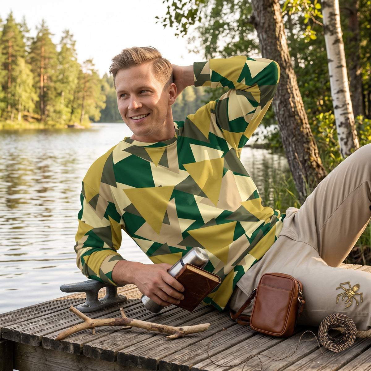 Good Wishes 365 men's recycled geometric camo sweatshirt in green, olive, and beige, worn by a man on a wooden dock.