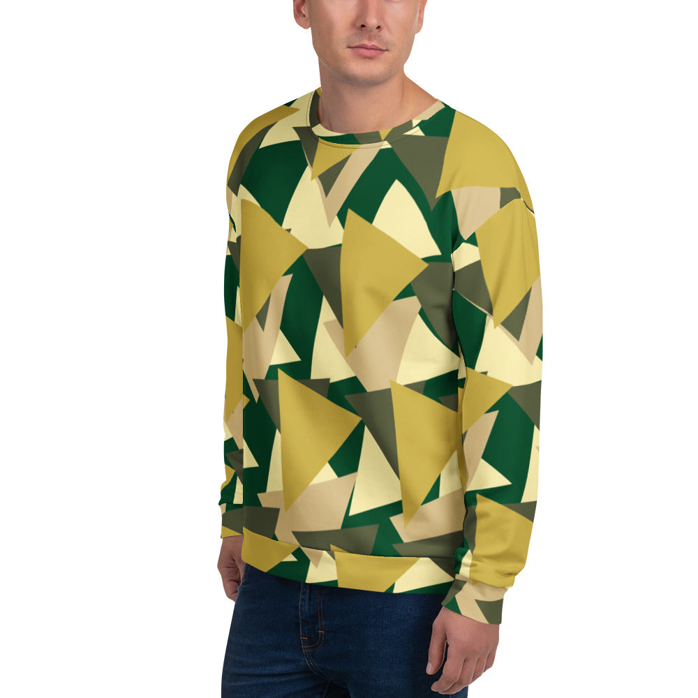 Good Wishes 365 men's recycled sweatshirt featuring a modern geometric camo print in olive, green, and beige tones.