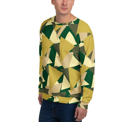 Good Wishes 365 men's recycled sweatshirt featuring a modern geometric camo print in olive, green, and beige tones.