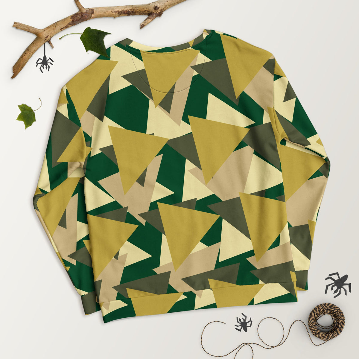 Good Wishes 365 recycled sweatshirt with a modern geometric camo print in olive, deep green, and beige tones.