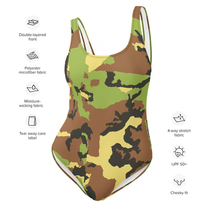 Good Wishes 365 one-piece swimsuit featuring a modern geometric camouflage print in green, brown, and yellow tones.