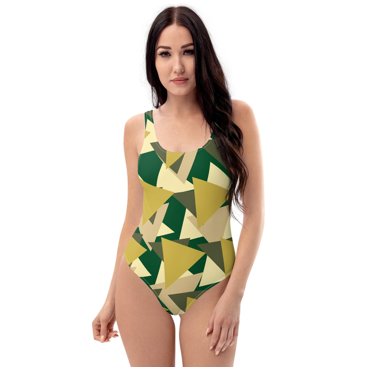 Good Wishes 365 one-piece swimsuit featuring a geometric camouflage print in olive, forest green, and beige tones.