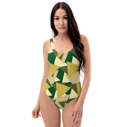 Good Wishes 365 one-piece swimsuit featuring a geometric camouflage print in olive, forest green, and beige tones.