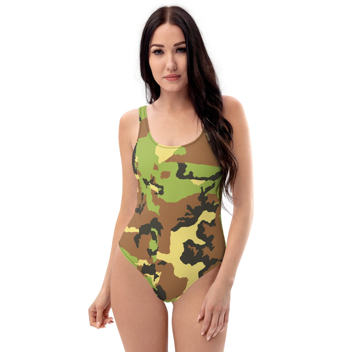 Good Wishes 365 one-piece swimsuit featuring a modern green and brown geometric camouflage print on a model.