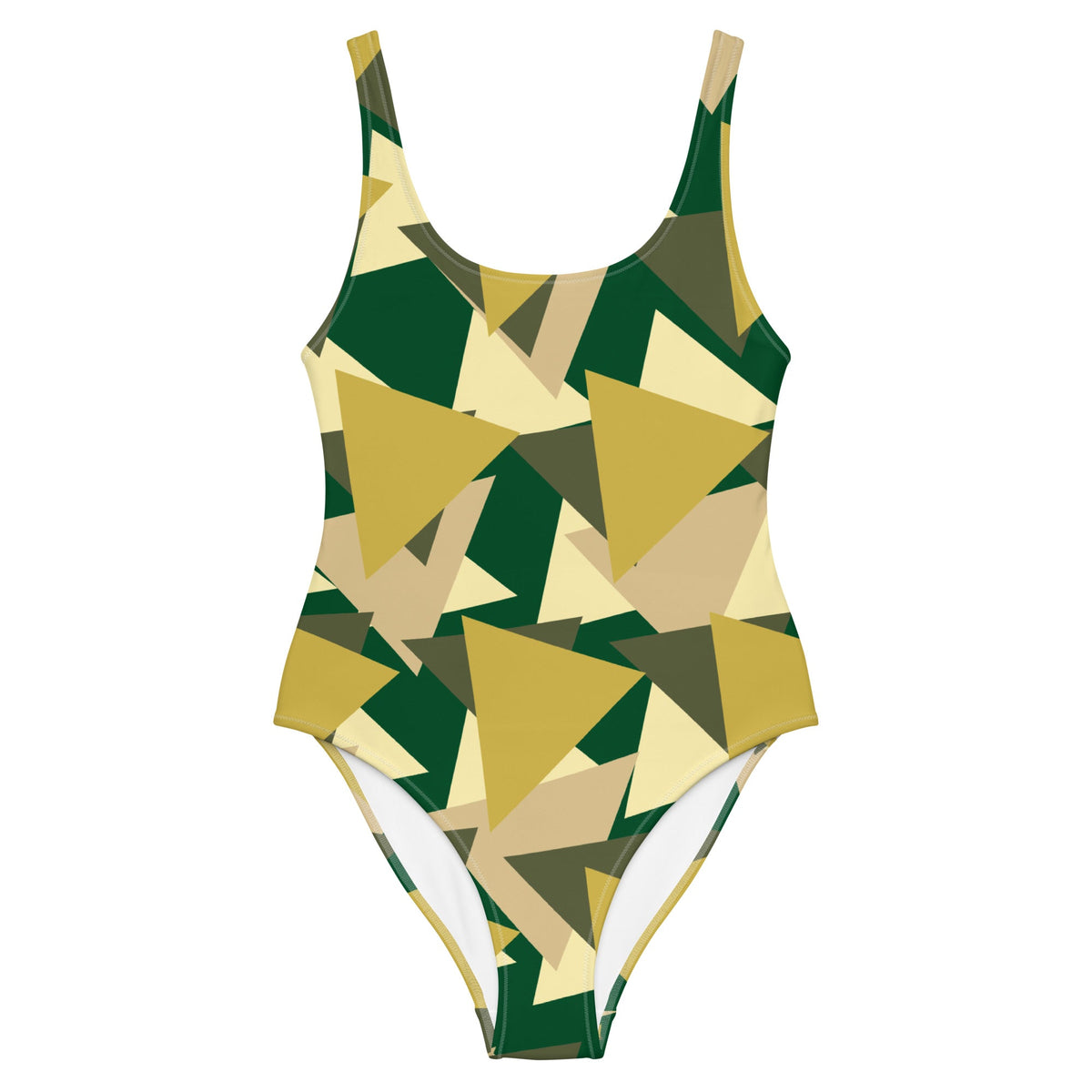 Good Wishes 365 one-piece swimsuit featuring an olive, forest green, and beige geometric camouflage print.
