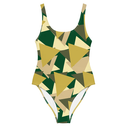 Good Wishes 365 one-piece swimsuit featuring an olive, forest green, and beige geometric camouflage print.