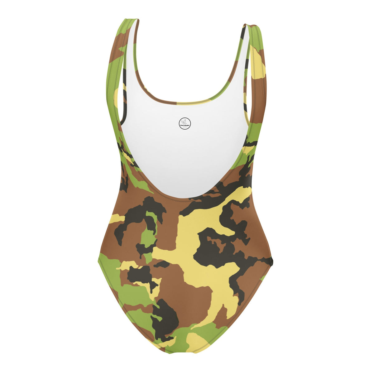 Good Wishes 365 one-piece swimsuit featuring a modern geometric camouflage print in green, brown, and yellow tones.