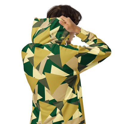 Good Wishes 365 unisex zip hoodie featuring an all-over geometric camouflage print in earthy green and tan tones