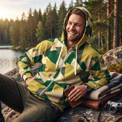 Good Wishes 365 men's geometric camo zip hoodie with brushed fleece lining, worn by a smiling man in a forest setting.