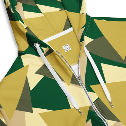 Good Wishes 365 zip hoodie featuring a modern geometric camouflage print in shades of green and tan with white drawstrings