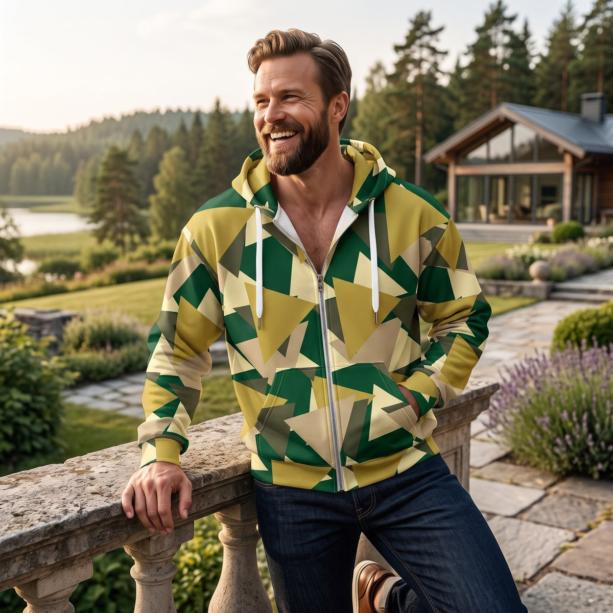 Good Wishes 365 men's geometric camo zip hoodie with brushed fleece lining worn by a smiling man outdoors.