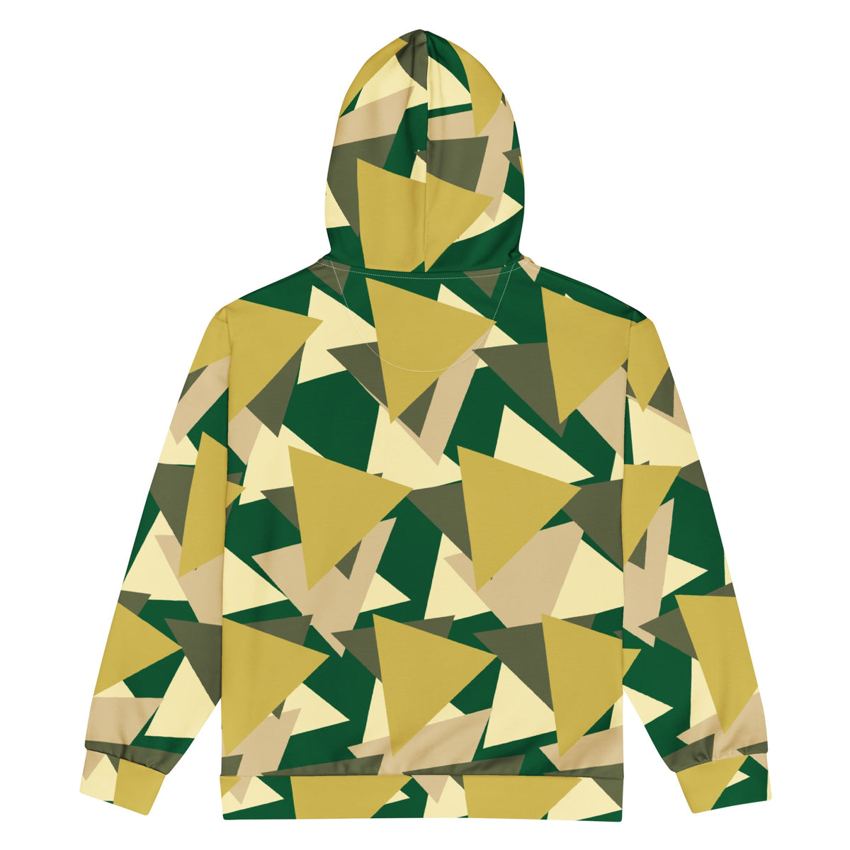 Good Wishes 365 unisex zip hoodie featuring an all-over geometric camouflage print in earthy green and tan tones.