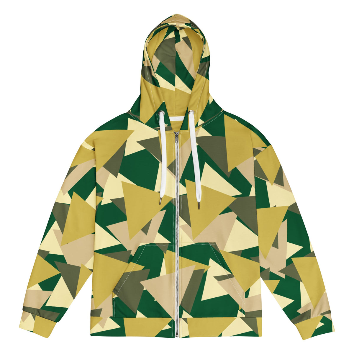 Good Wishes 365 unisex zip hoodie featuring an all-over geometric camouflage print in earthy green and tan tones.
