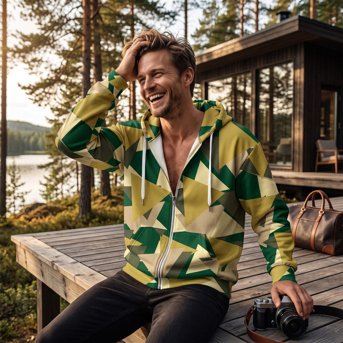 Good Wishes 365 geometric camo zip hoodie worn by a smiling man sitting on a wooden deck near a lake cabin