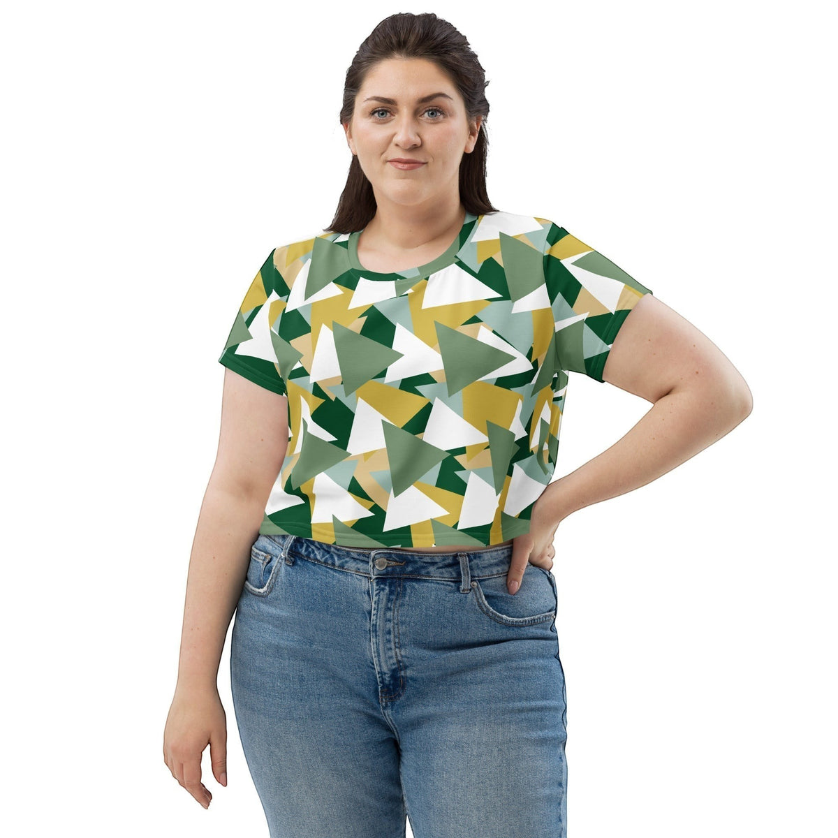 Good Wishes 365 crop tee featuring an all-over geometric camouflage print in shades of green, yellow, and white.