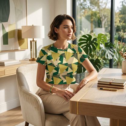 Good Wishes 365 crop tee with a geometric camouflage print in green and beige, worn by a woman in a bright office.