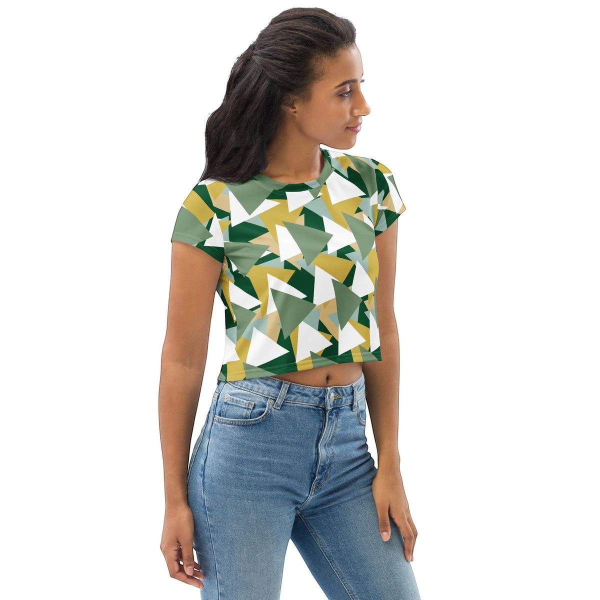Good Wishes 365 women's crop tee with geometric camouflage triangle print in green, yellow, and white on a model.