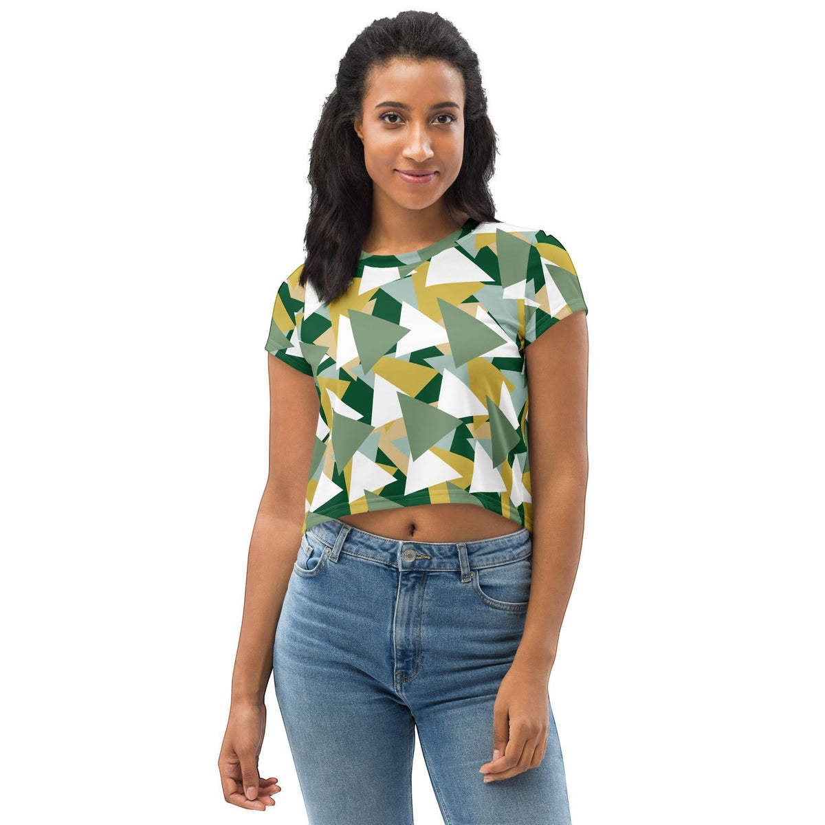Good Wishes 365 model wearing a green and white geometric camouflage print crop tee with a regular fit.