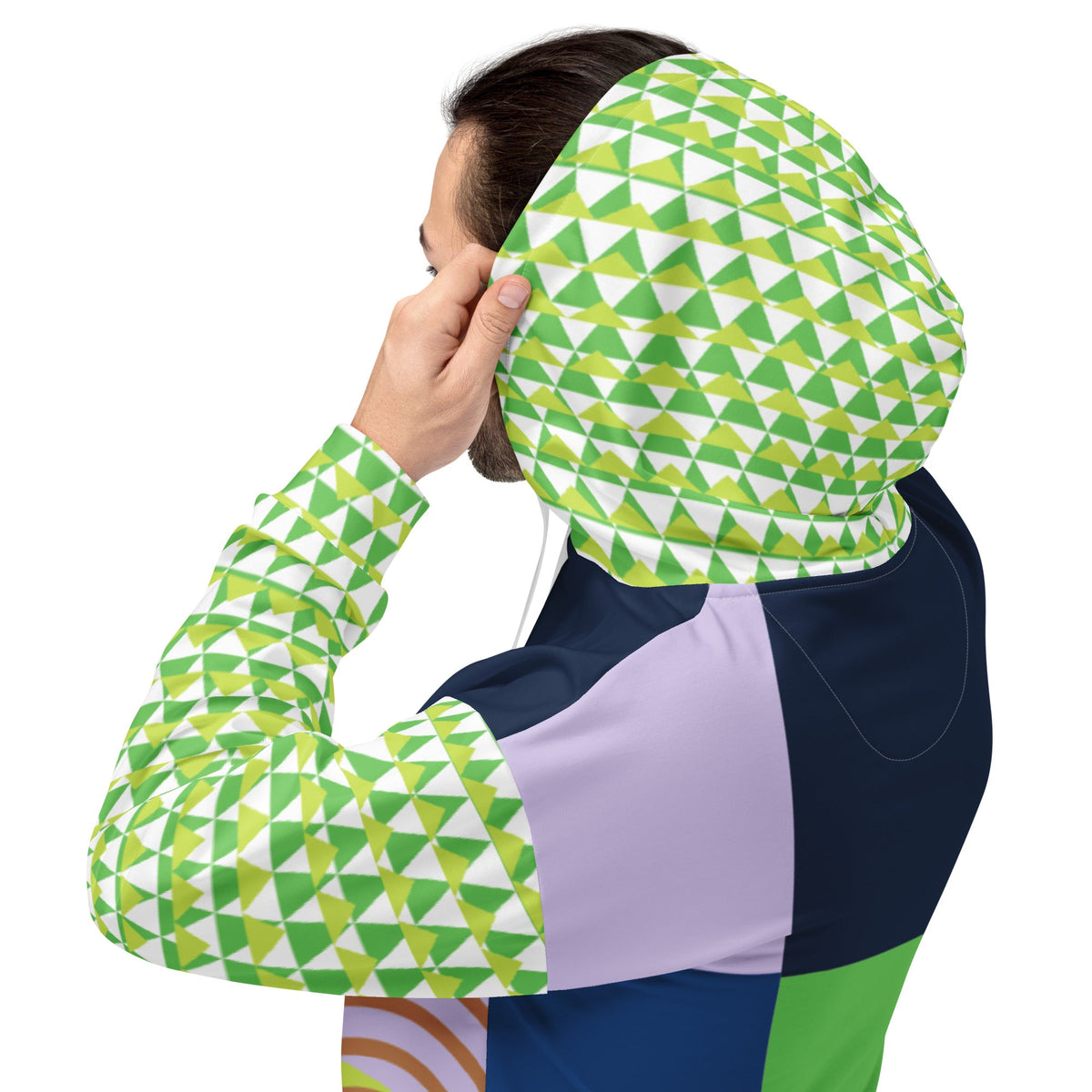 Good Wishes 365 recycled hoodie with green geometric triangle print, navy and lavender color-blocked panels, back view