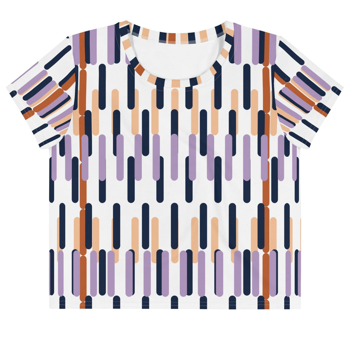 Good Wishes 365 crop tee with a white base and a geometric all-over print of vertical navy, lavender, and peach bars.