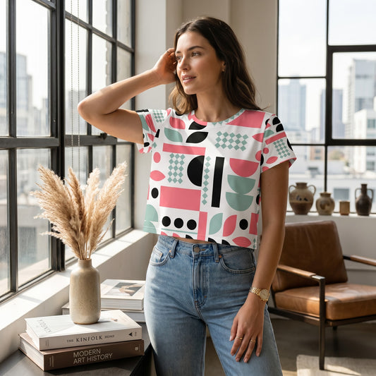 Good Wishes 365 crop tee with mint, red, and black geometric print worn by a woman in a bright, modern room.