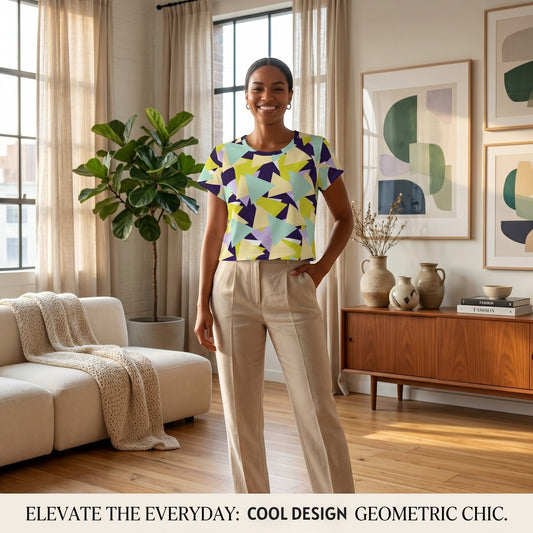 Good Wishes 365 model wearing a multi-colored geometric triangle print crew neck crop tee with beige trousers.