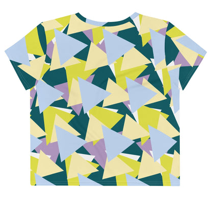 Good Wishes 365 crop tee featuring a vibrant multi-colored geometric triangle pattern on a dark teal background.