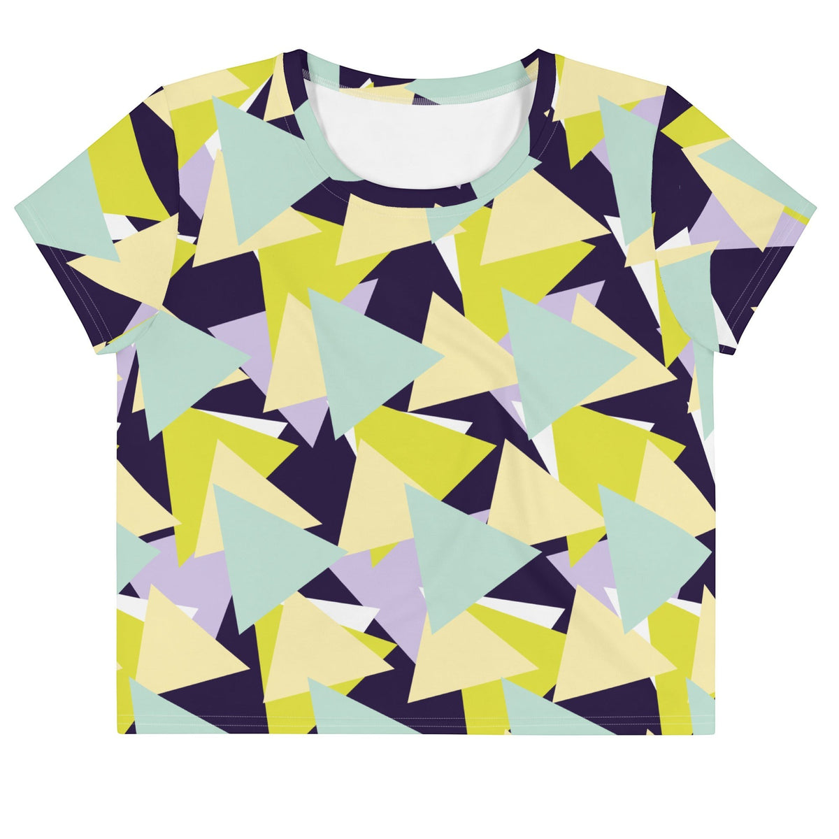 Good Wishes 365 crew neck crop tee featuring a vibrant multi-colored geometric triangle print on soft fabric.