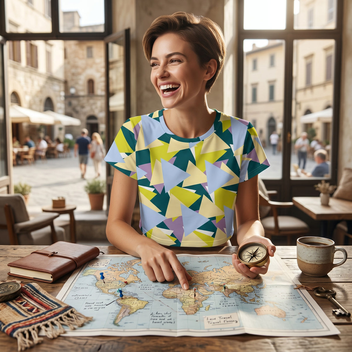 Good Wishes 365 crop tee with geometric triangle print worn by a smiling woman pointing at a map in a cafe