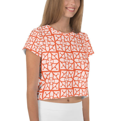 Good Wishes 365 crop tee featuring an orange and white geometric all-over print on stretchy mid-weight jersey fabric.