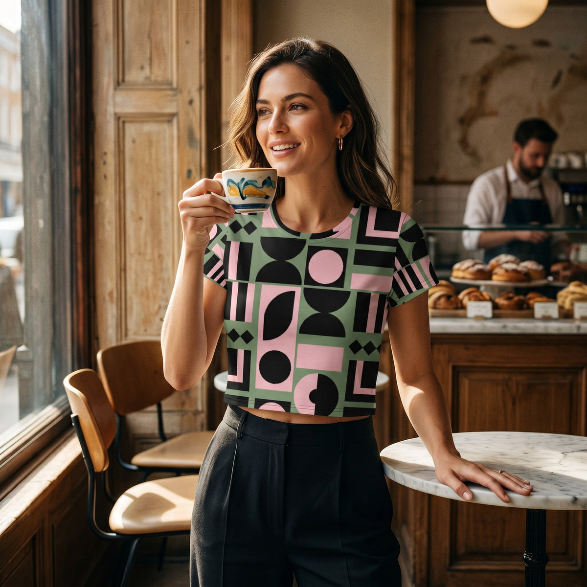 Good Wishes 365 crop tee with pink, green, and black geometric print worn by a woman in a cafe