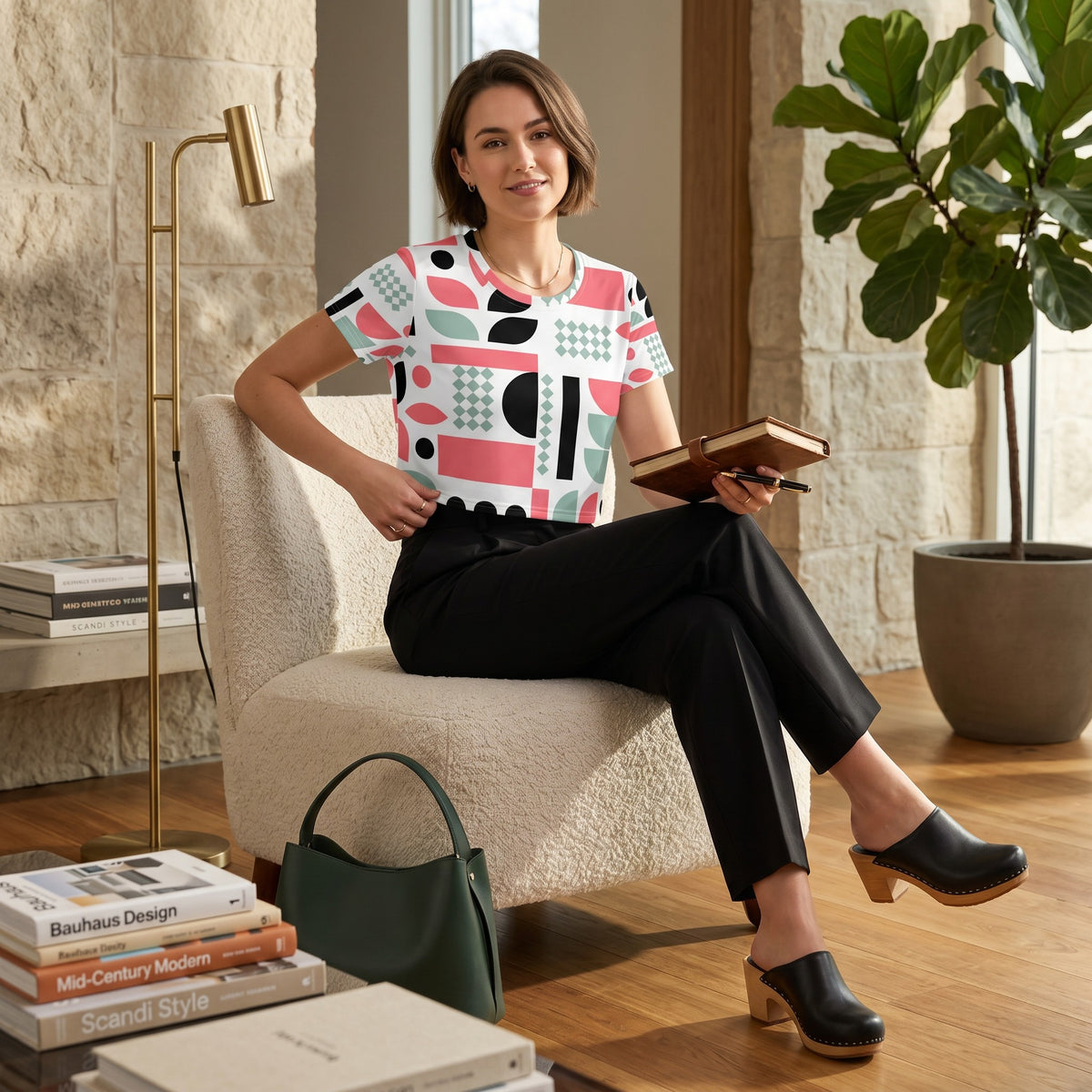 Good Wishes 365 crop tee with mint, red, and black geometric print worn by a woman sitting in a modern living room.