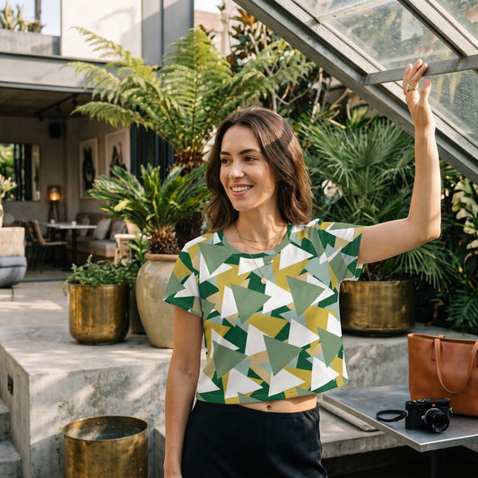 Good Wishes 365 woman wearing a geometric green and white patterned crop tee in a sunlit greenhouse setting
