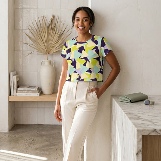 Good Wishes 365 crop tee with a colorful geometric triangle print worn by a smiling woman in a bright modern kitchen.