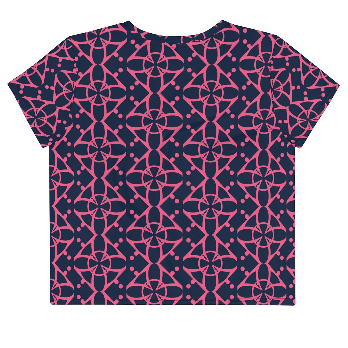 Good Wishes 365 navy blue crop tee with a vibrant pink interconnected geometric pattern and crew neckline.