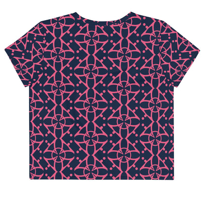 Good Wishes 365 navy blue crop tee with a vibrant pink interconnected geometric pattern and crew neckline.