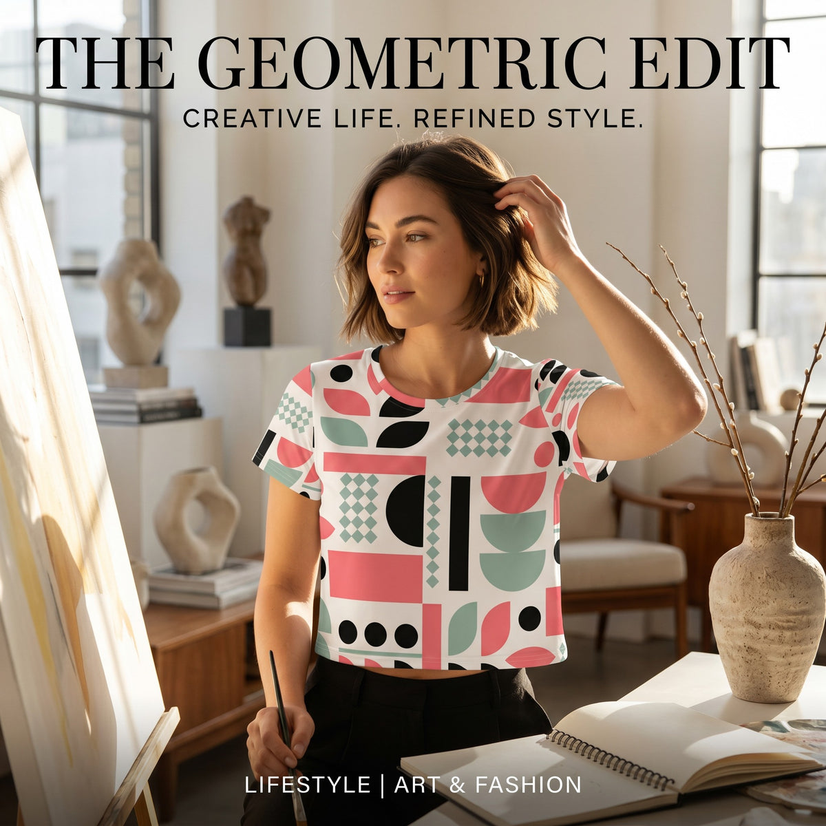 Good Wishes 365 crop tee with mint, red, and black geometric print worn by a woman in an art studio.