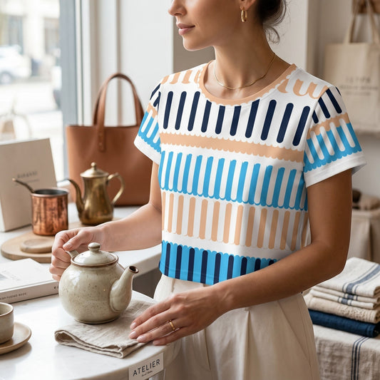 Good Wishes 365 crop tee with a blue and beige coastal rhythm pattern, worn by a woman in a bright studio setting.