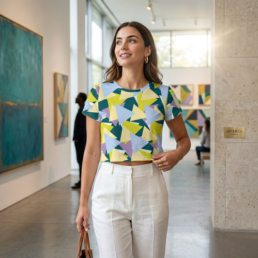 Good Wishes 365 crop tee with geometric triangle print worn by a woman in an art gallery with white linen trousers.