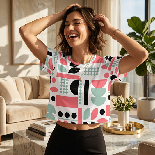 Good Wishes 365 crop tee with mint, red, and black geometric print worn by a smiling woman in a sunlit living room.